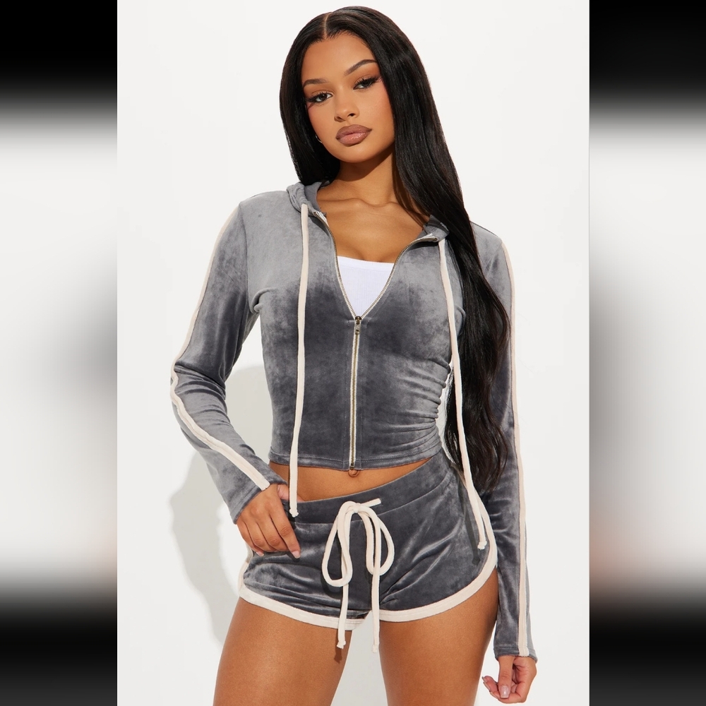Gray Velour Zip-Up Hoodie , Shorts Set